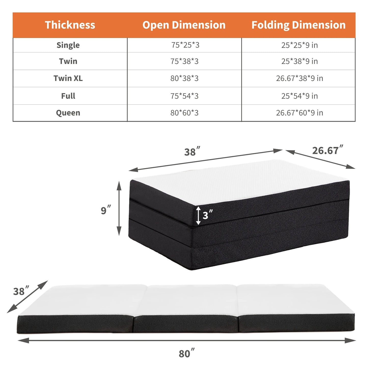 Jhk Tri-Fold Memory Foam Mattress With Washable Cover And Travel Design