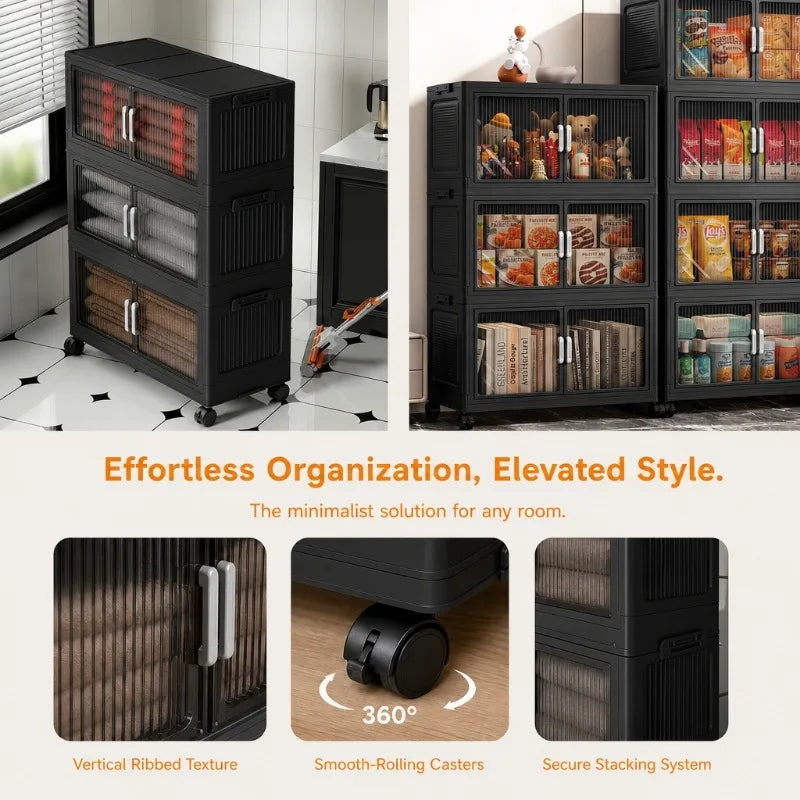 Foldable Plastic Storage Cabinet with Wheels and Double Doors