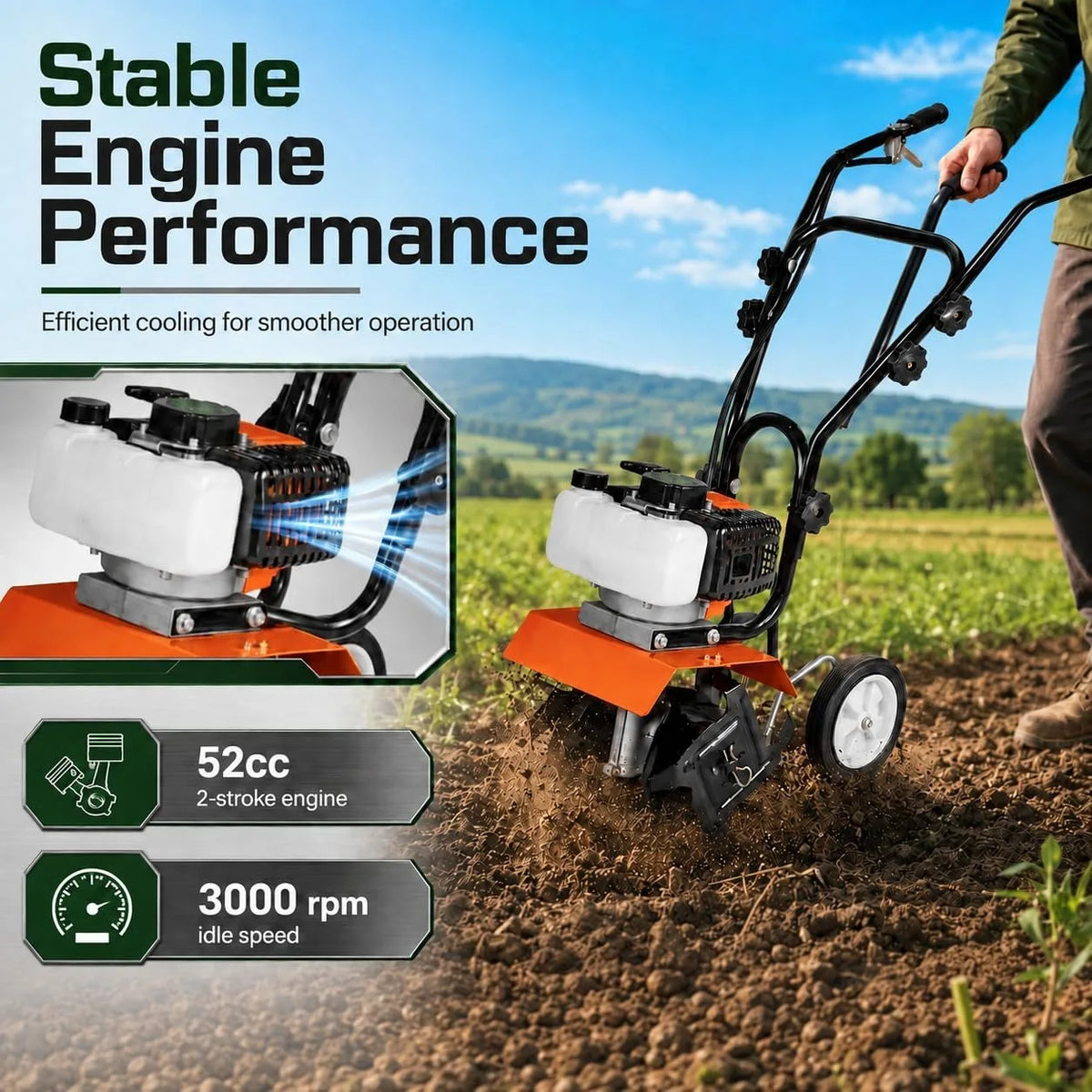 Gas Powered Tiller Cultivator With Adjustable Steel Tines