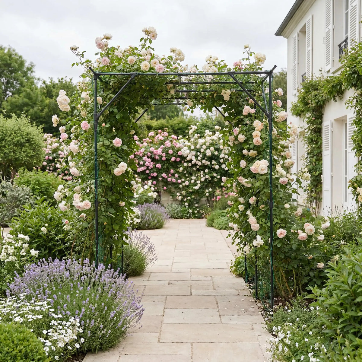 HiMiss Metal Garden Arch Trellis With Netting For Plants