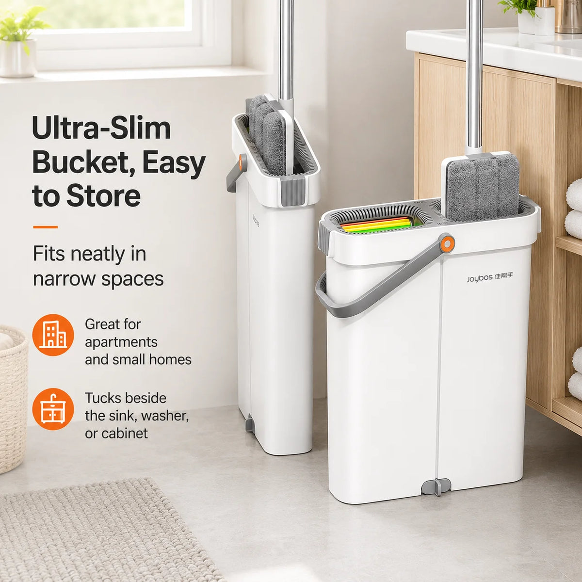 Joybos Ultra Slim Flat Mop Bucket System With Microfiber Pads