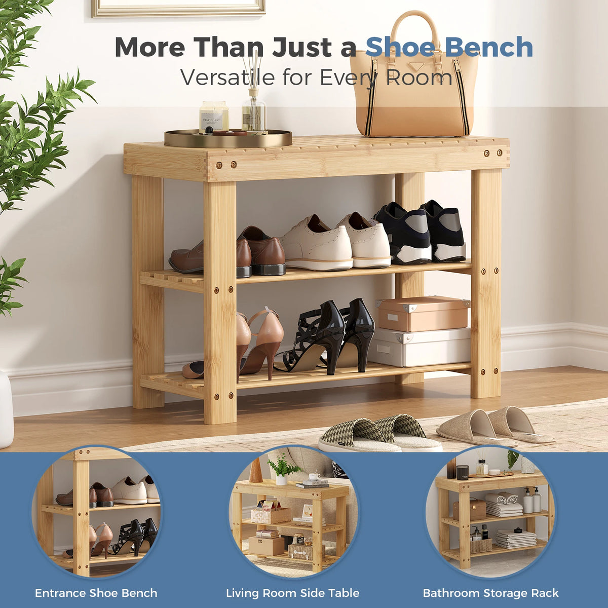 MCQ Three Tier Wood Shoe Rack With Storage Bench Entryway