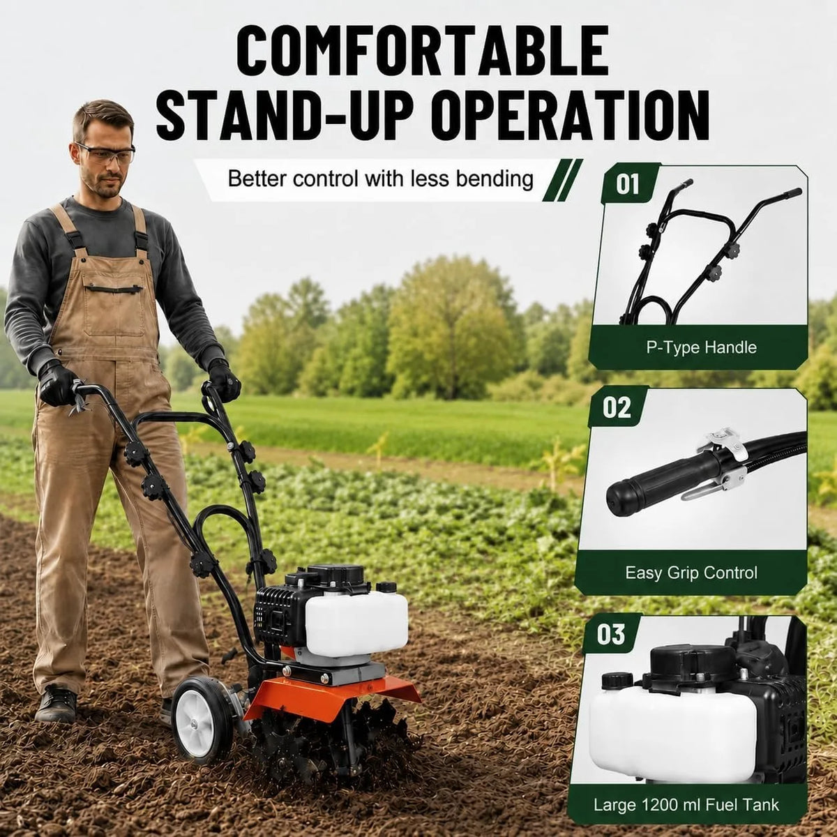 Gas Powered Tiller Cultivator With Adjustable Steel Tines
