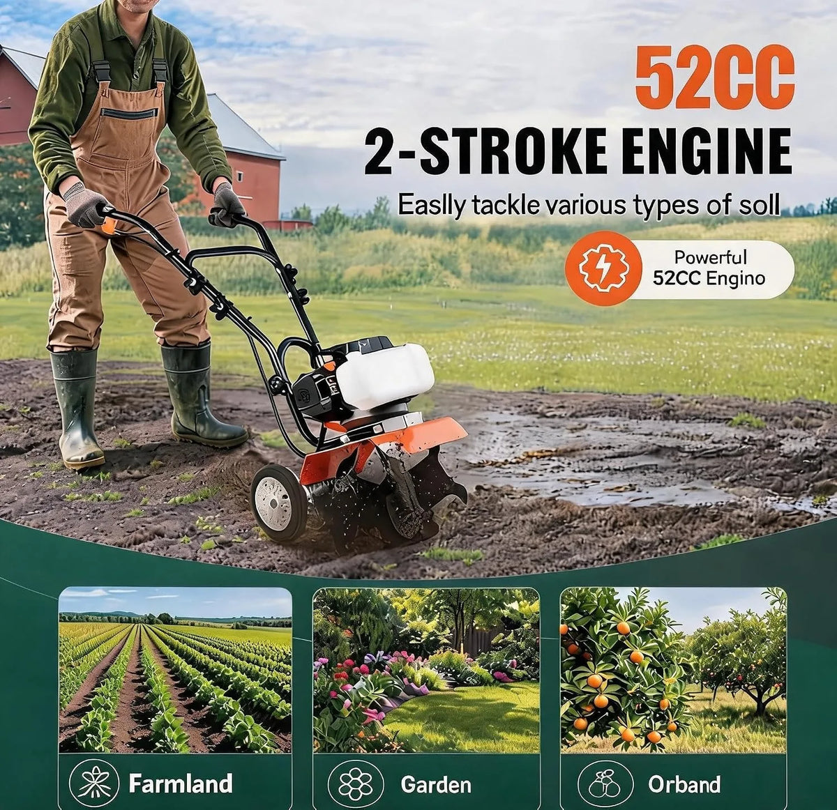 Gas Powered Tiller Cultivator With Adjustable Steel Tines