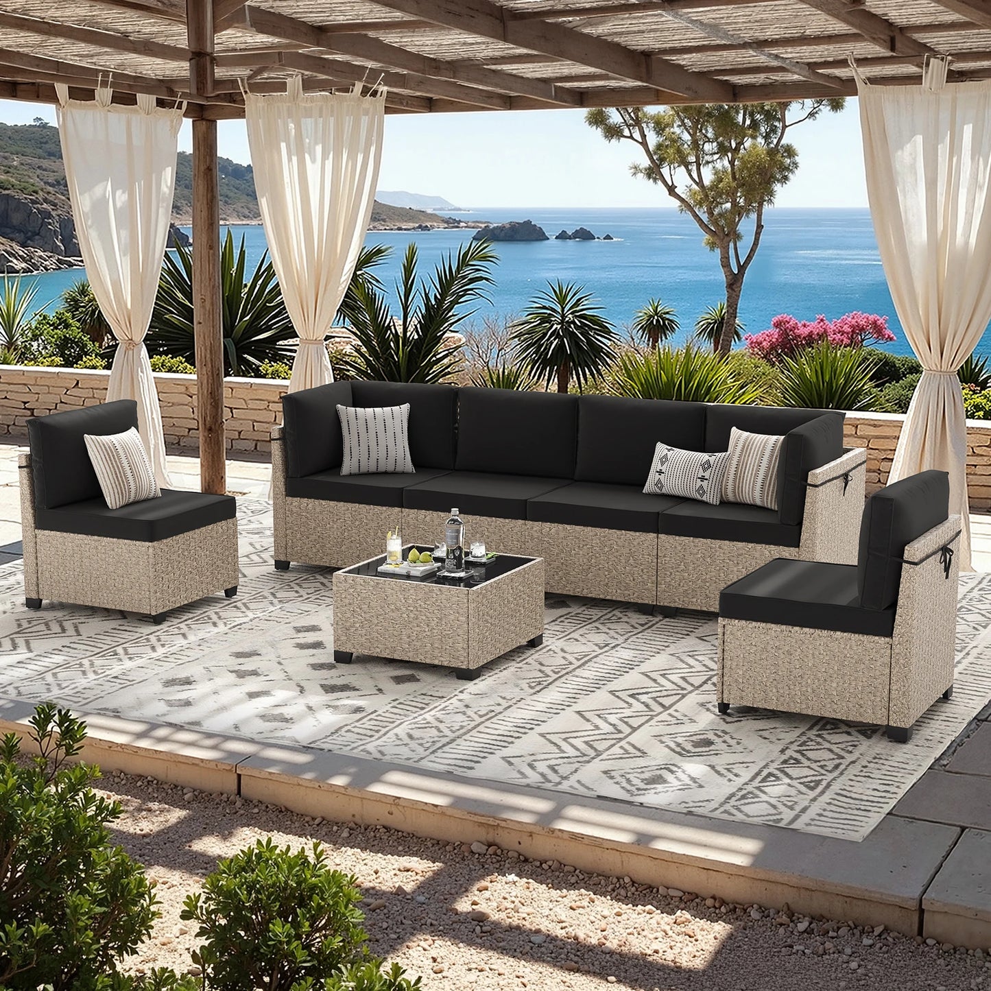 Outdoor All-Weather Patio Rattan Furniture Set With Tempered Glass Table
