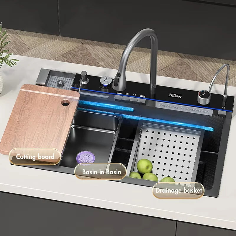 Stainless Steel Waterfall Kitchen Sink With Digital Faucet Set
