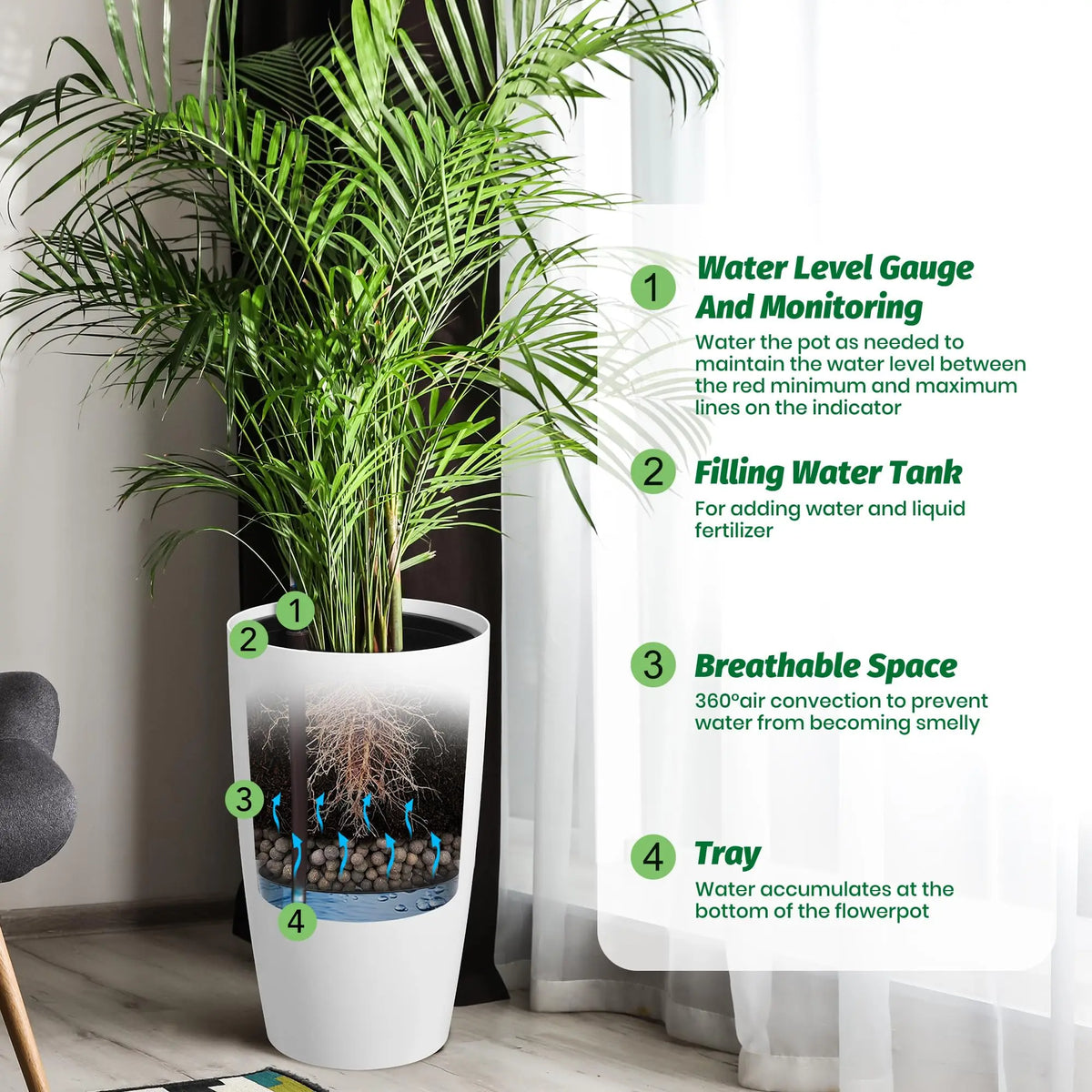 HiMISS Self Watering Planters Set With Water Level Indicator