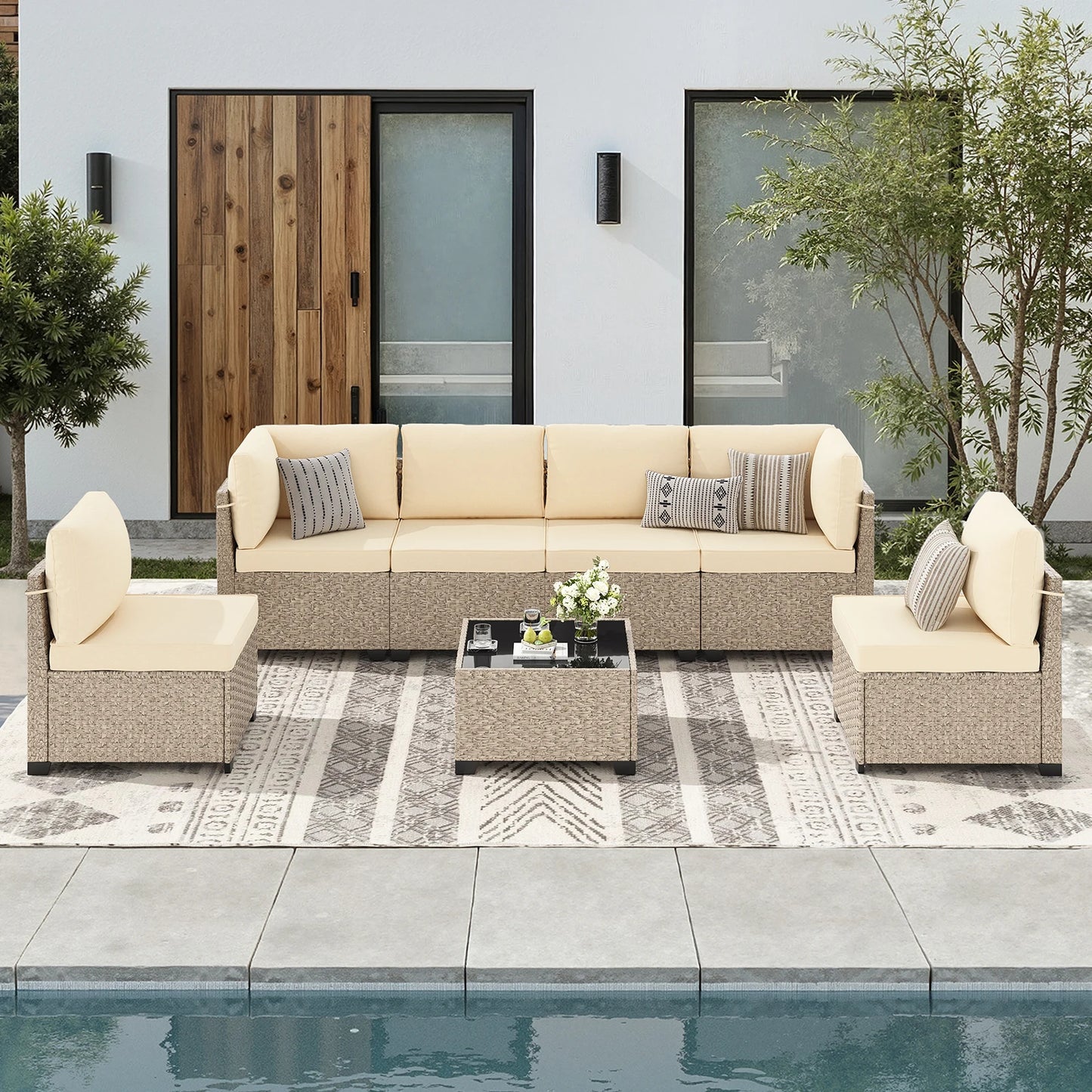 Outdoor All-Weather Patio Rattan Furniture Set With Tempered Glass Table