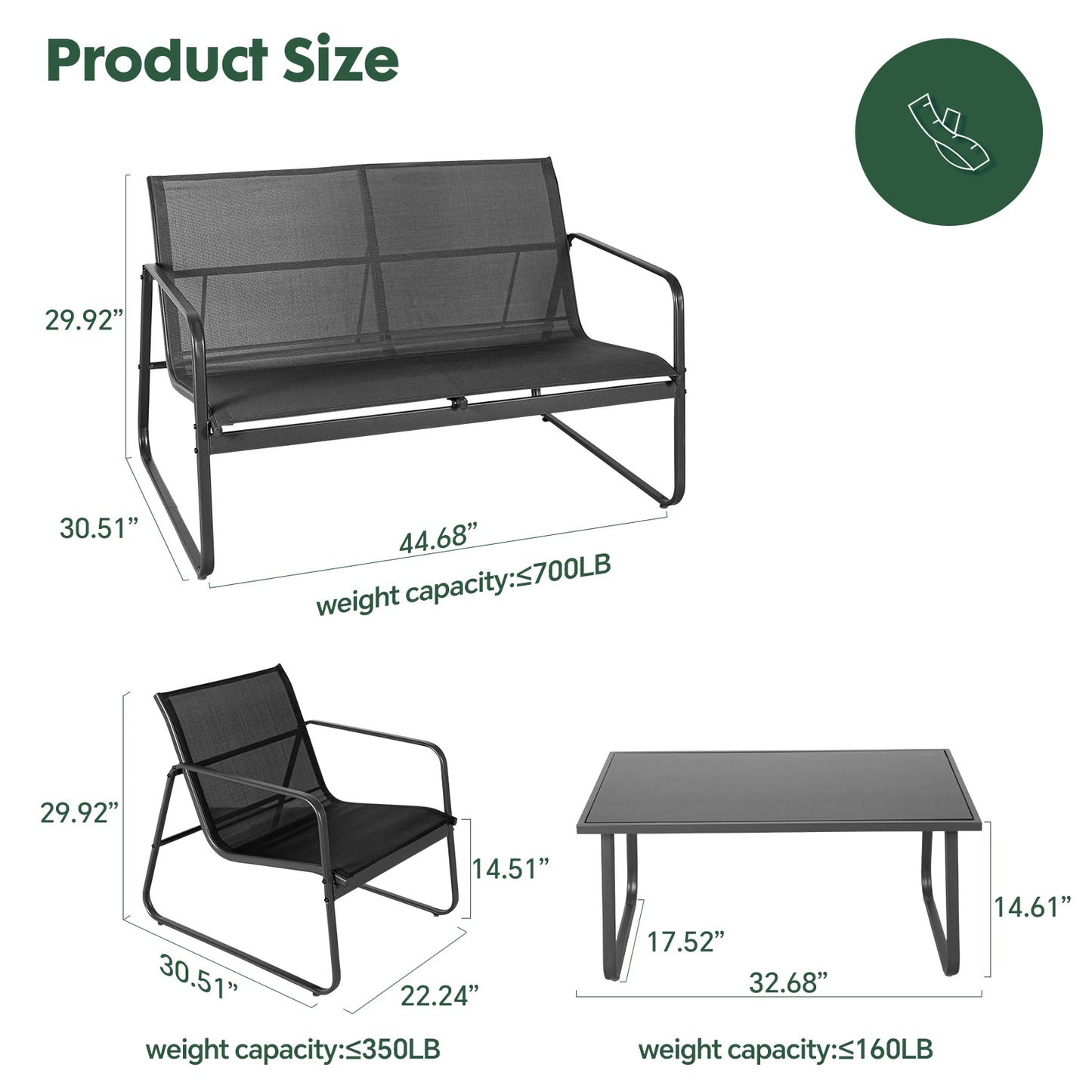 JHK Outdoor Patio Furniture 4 Piece Set With Table